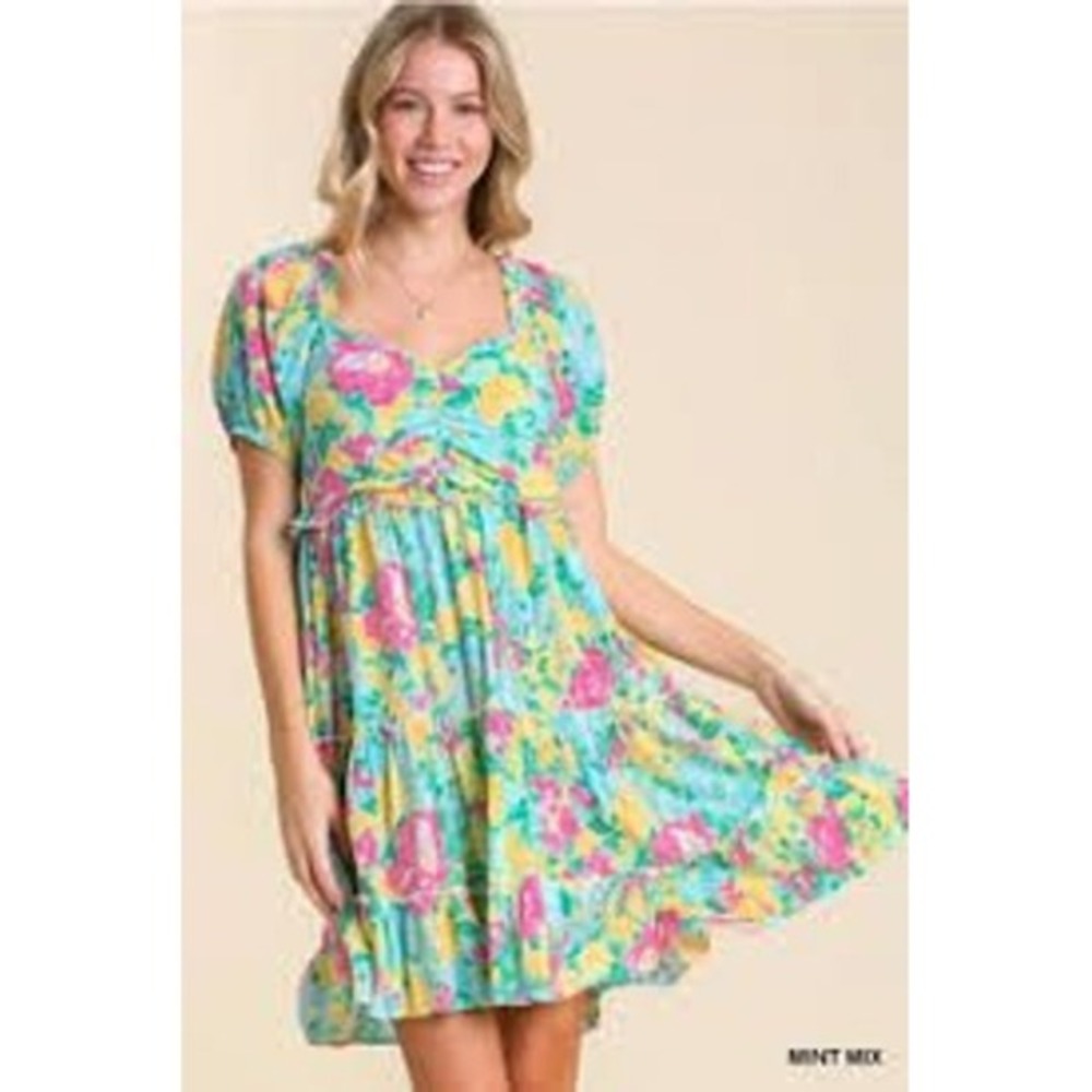 Umgee Floral Print Mini Dress Tiered Ruffle Short Sleeve‎ Mint Mix Size S
